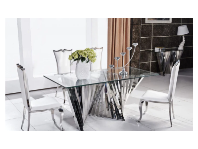 Dining Table with Clear Glass and Silver Stainless Steel Base - LS_957