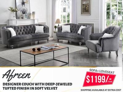 Afreen Designer Couch with Deep-Jeweled Tufted Finish in Soft Velvet